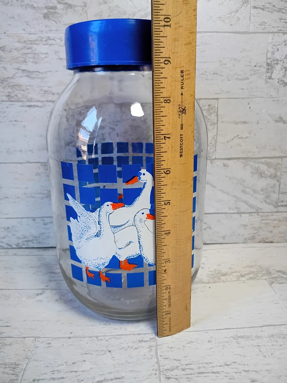 Vintage Country Geese Glass Jar with Blue Lid Carlton Glass Cottagecore- 3L